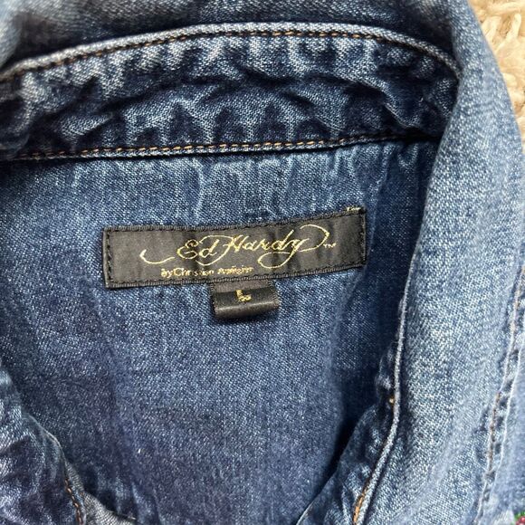 Ed Hardy Shirt Mens L Denim Western Pearl Snap Rhinestone by Christian Audigier - Picture 11 of 15